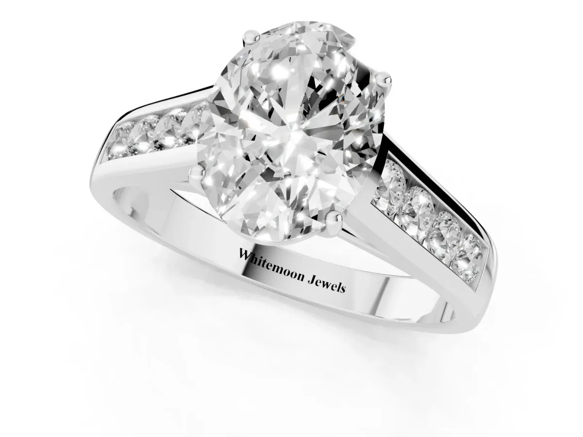 Oval Cut Brilliant Channel-Set Solitaire Ring with Four-Prong Setting Silver