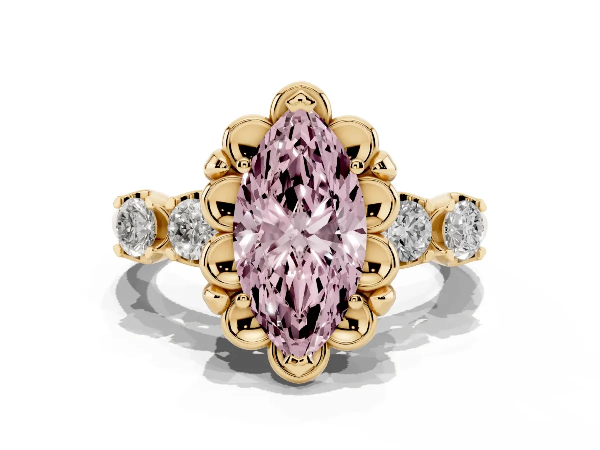 Fancy Pink Marquise Cut Cut Diamond Floral Halo Engagement Ring with Shared Prong Setting Yellow gold