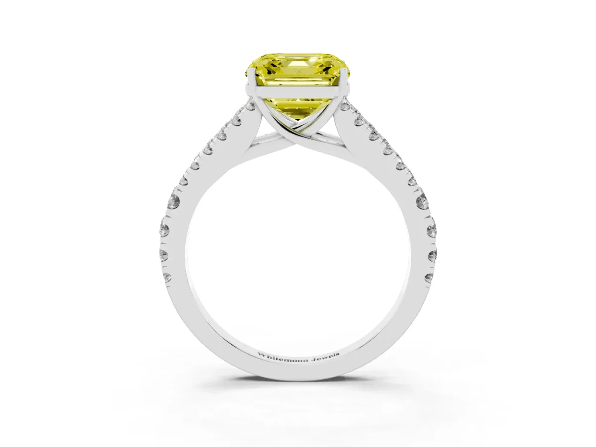 Fancy Yellow Asscher Cut Diamond Split Shank Engagement Ring with Round Pavé and Prong Setting Silver