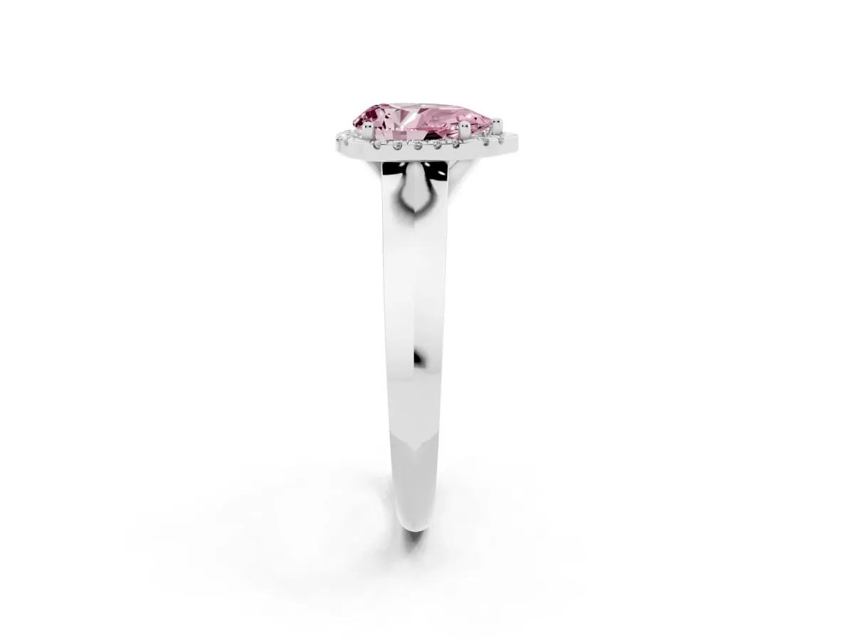 Fancy Pink Pear Cut Halo Diamond Ring with Cathedral Band and Four-Prong Setting Silver
