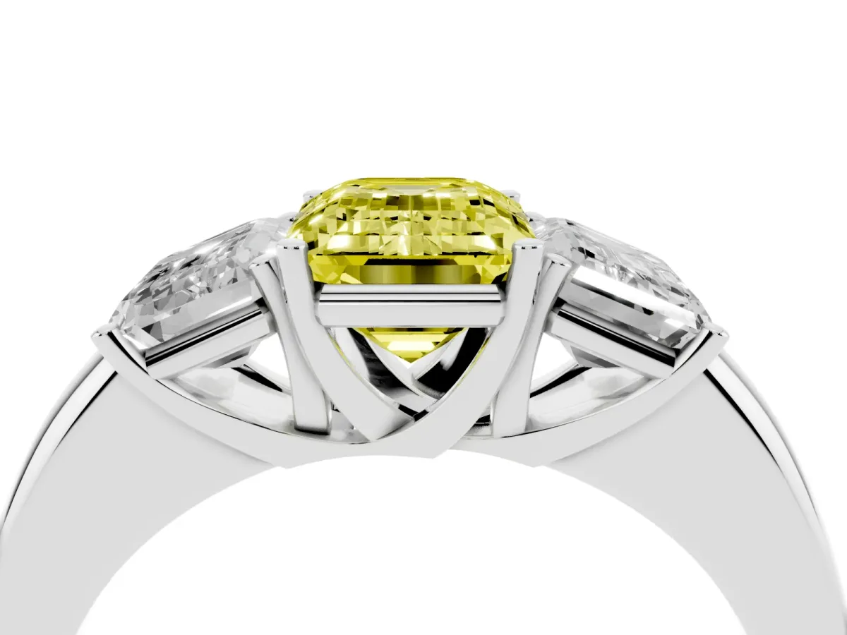 Fancy Yellow Emerald Cut Diamond Three-Stone Ring with Four-Prong Setting and Classic Band Silver