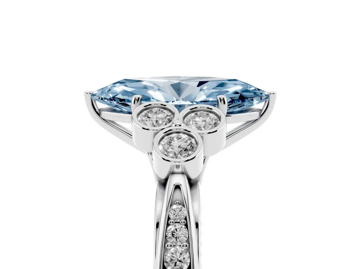 Fancy Blue Marquise Cut Cut Diamond Engagement Ring with Bezel Set Round Side Stones and Prong Setting White gold