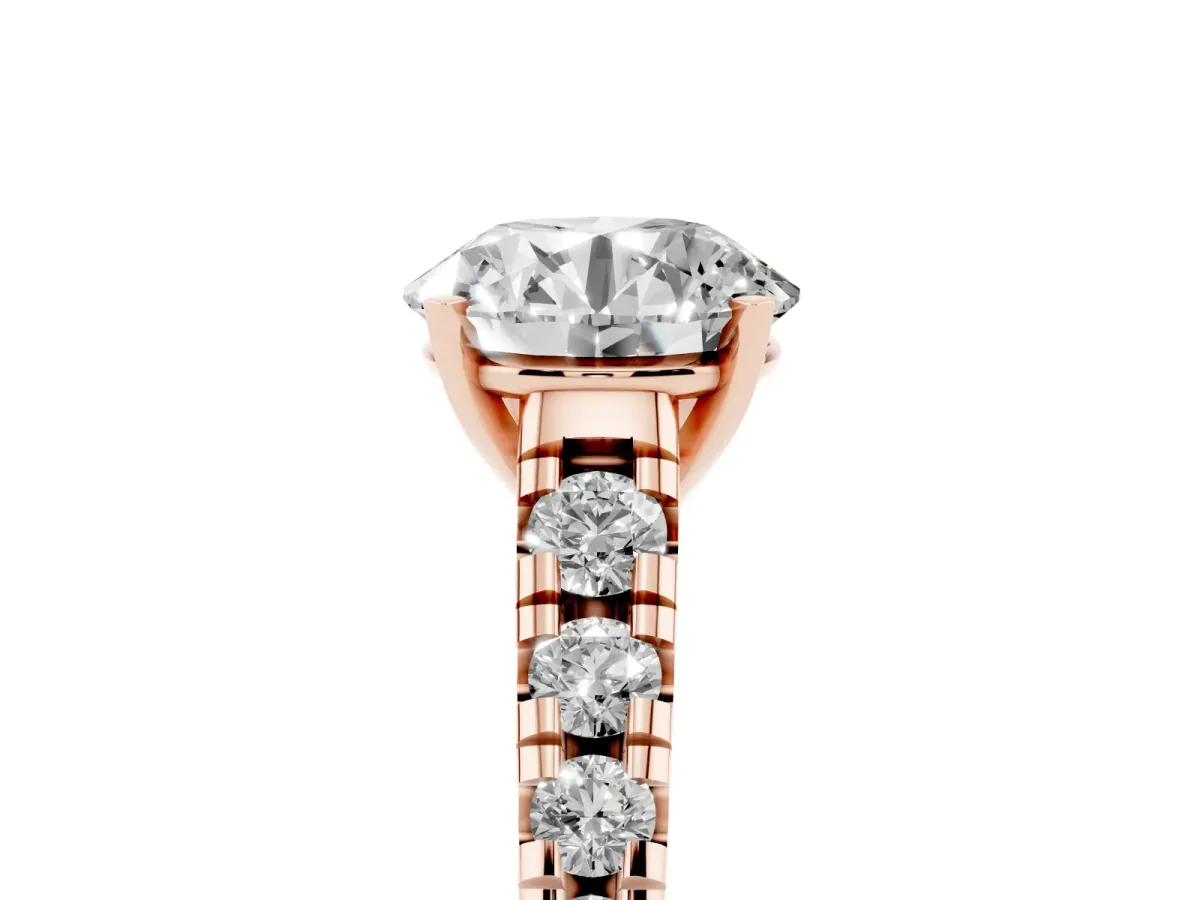 Round Cut Diamond Cathedral Solitaire Ring with Round Pavé Band Rose gold