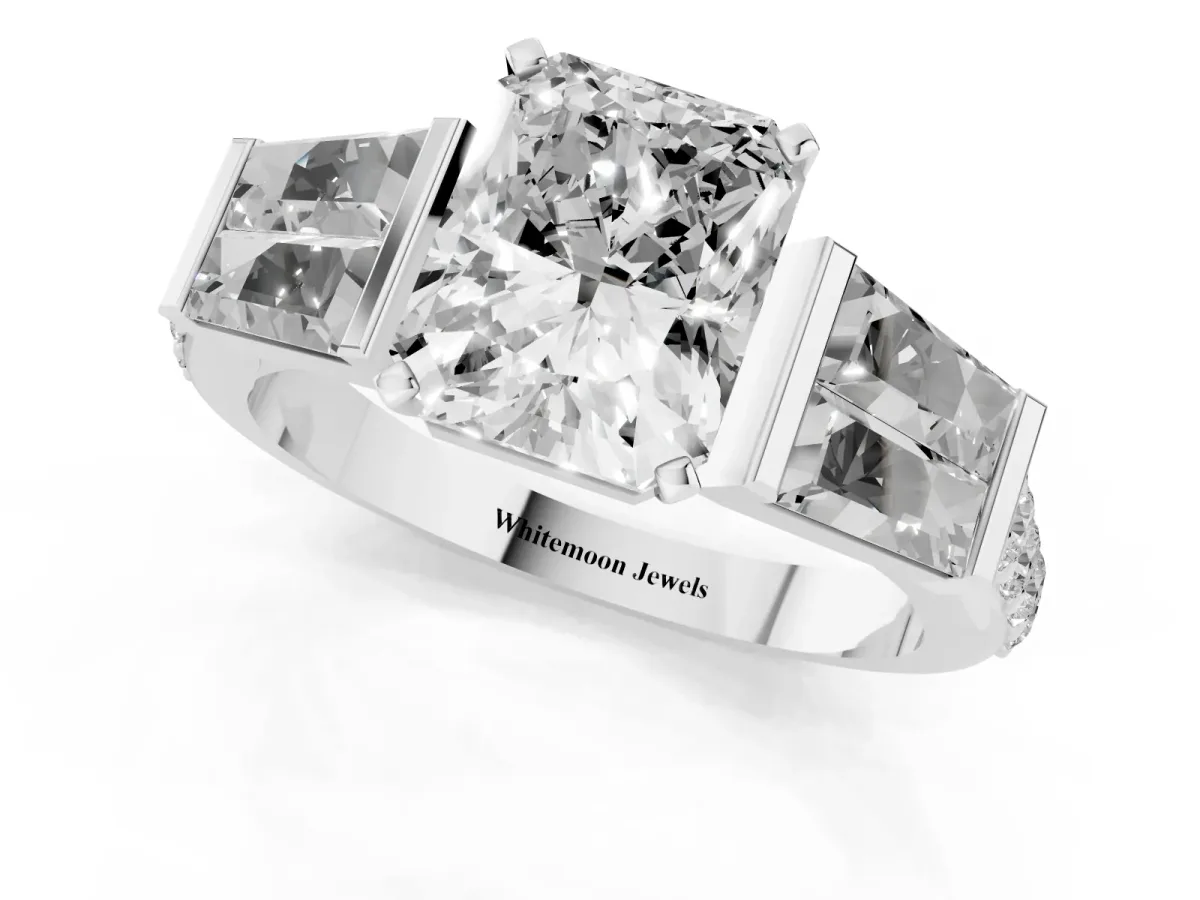 Radiant Cut Diamond Engagement Ring with Baguette Side Stones and Channel Set Band White gold