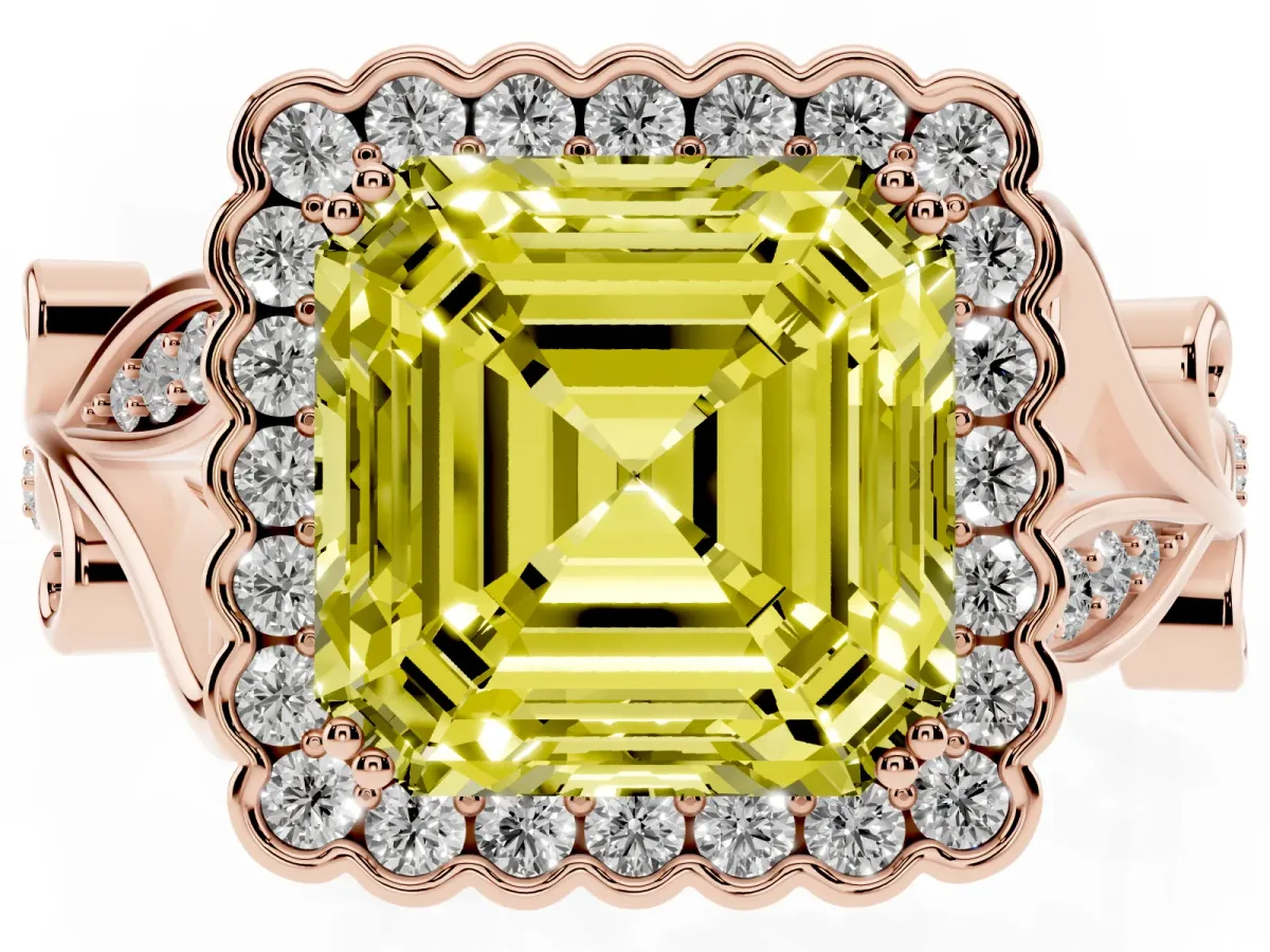Fancy Yellow Asscher Cut Diamond Halo Ring with Vintage Split Shank and Four-Prong Setting Rose gold
