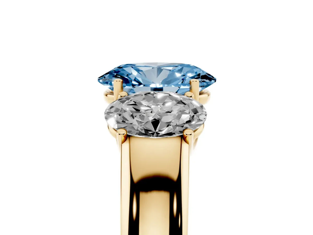 Fancy Blue Three-Stone Oval Cut Cut Diamond Ring with Prong Setting and Classic Band Yellow gold