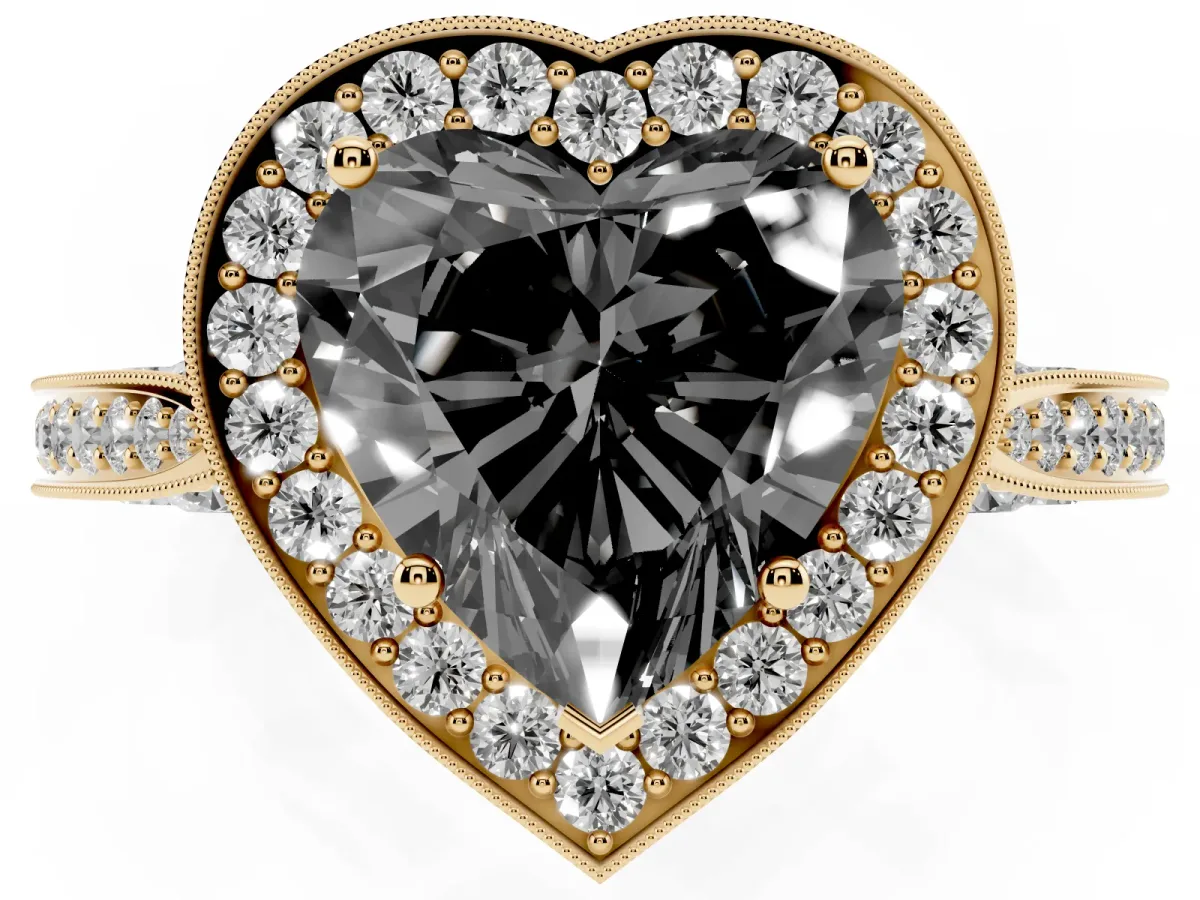 Fancy Black Heart Cut Halo Diamond Engagement Ring with Split Shank Band and Four-Prong Setting Yellow gold