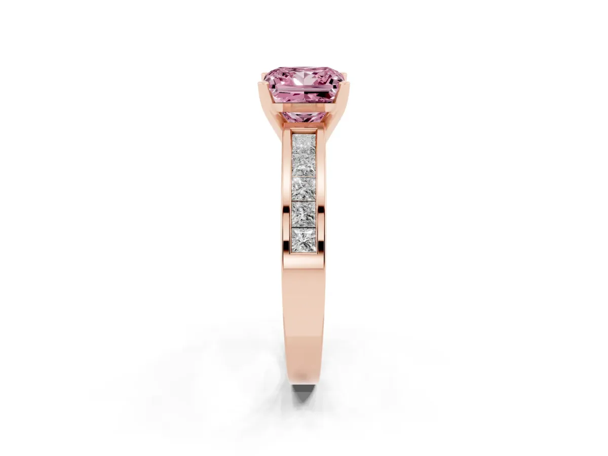 Fancy Pink Princess Cut Solitaire Diamond Ring with Channel-Set Band and Four-Prong Setting Rose gold