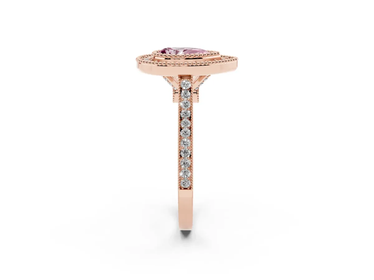 Fancy Pink Pear Cut Diamond Halo Ring with Milgrain Frame and Pavé Band Rose gold
