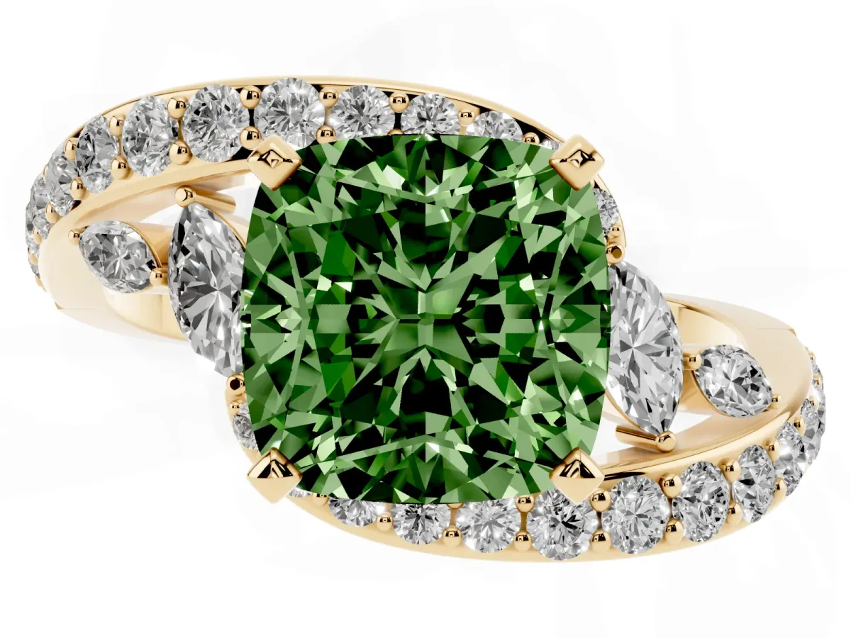 Fancy Green Cushion Cut Diamond Solitaire Ring with Filigree Band and Four-Prong Setting Yellow gold
