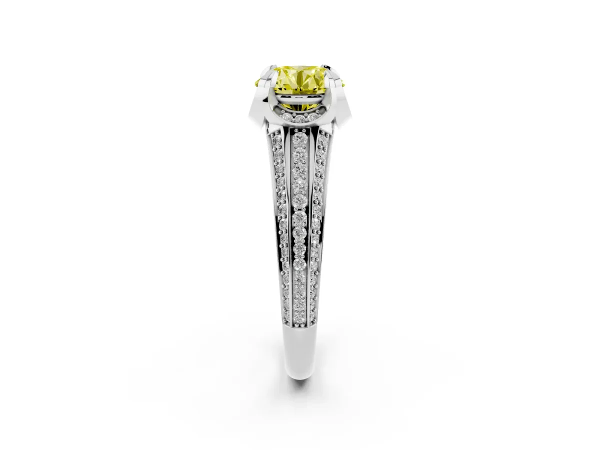 Fancy Yellow Round Cut Solitaire Pave Split Shank Ring with Four-Prong Setting Platinum