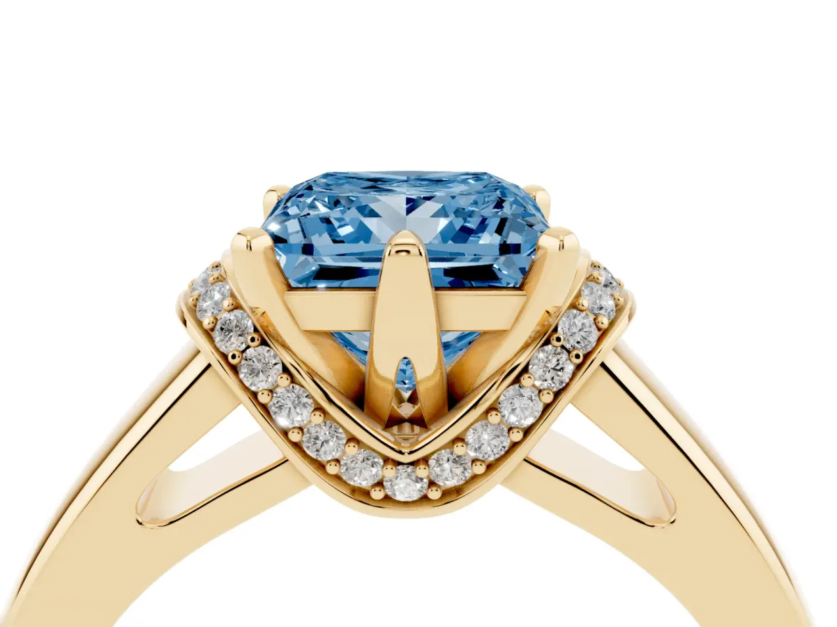 Fancy Blue Princess Cut Solitaire Diamond Ring with Pave Band and Six-Prong Setting Yellow gold