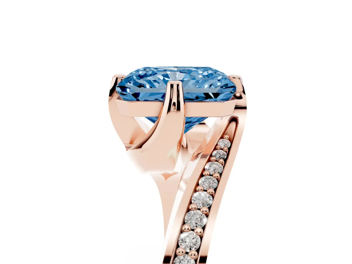 Fancy Blue Radiant Cut Solitaire Diamond Twist Band with Pavé Setting and Four-Prong Setting Rose gold