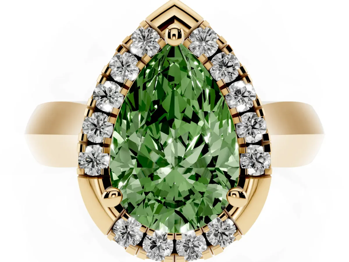 Fancy Green Pear Cut Cut Halo Solitaire Engagement Ring with Square Band and Four-Prong Setting Yellow gold