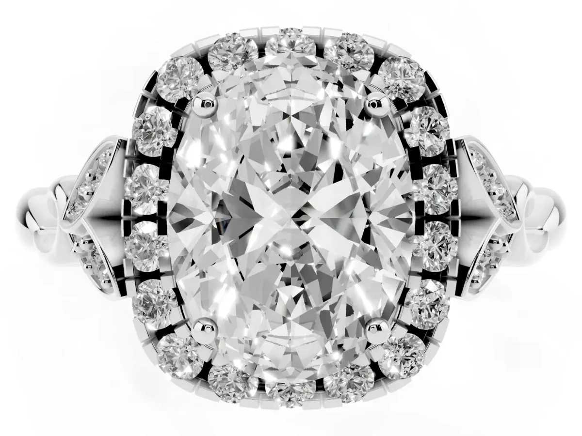 Oval Cut Halo Diamond Engagement Ring with Vintage-Inspired Band and Four-Prong Setting Platinum