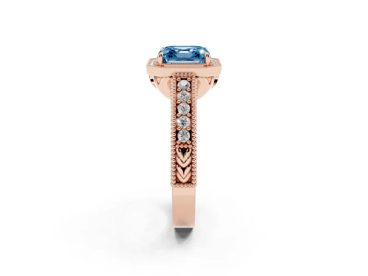 Fancy Blue Asscher Cut Cut Halo Diamond Ring with Pavé Band and Four-Prong Setting Rose gold
