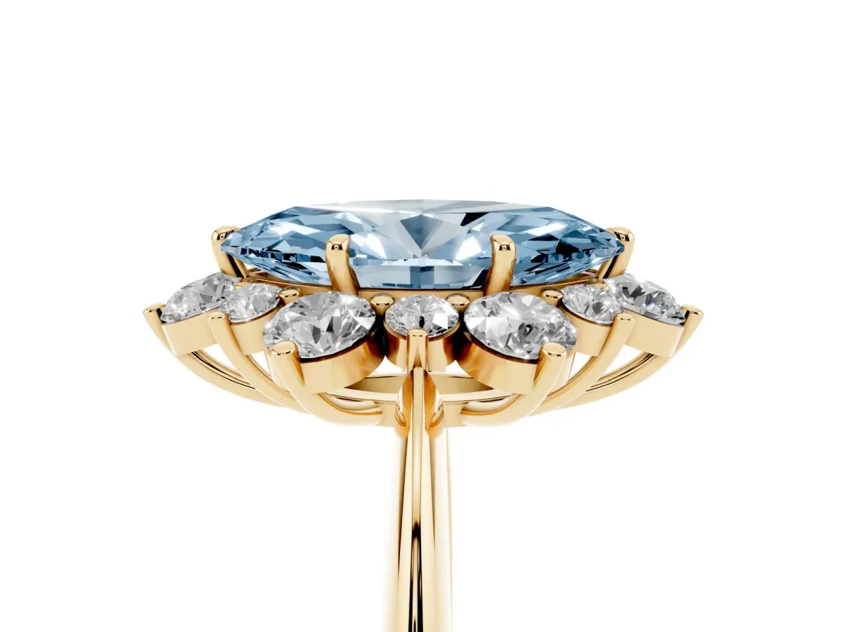 Fancy Blue Marquise Cut Diamond Cluster Halo Ring with Solitaire Band and Four-Prong Setting Yellow gold