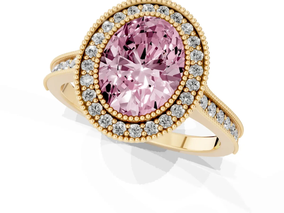 Fancy Pink Halo Oval Cut-Cut Diamond Pave Band Milgrain Prong Setting Ring Yellow gold