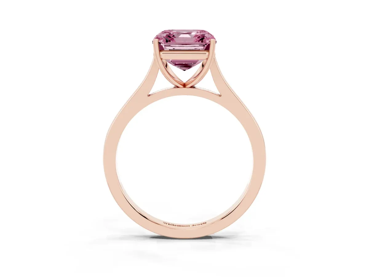 Fancy Pink Asscher Cut Solitaire Heart Prong Engagement Ring with Tapered Band Rose gold