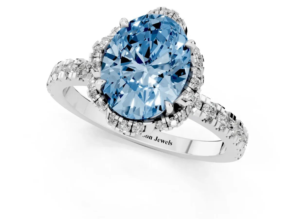 Fancy Blue Oval Cut Halo Diamond Pave Band Ring with Four-Prong Setting Platinum