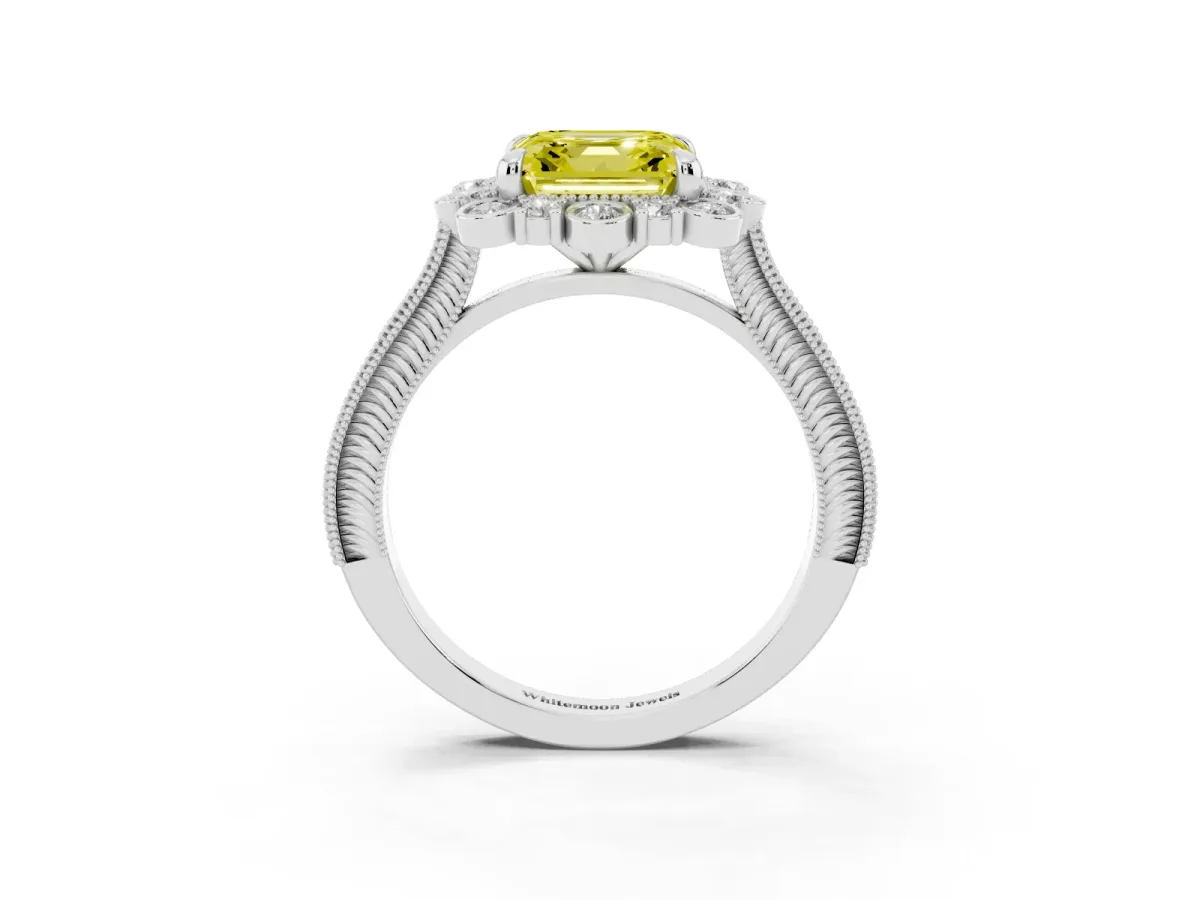 Fancy Yellow Asscher Cut Halo Milgrain Pave Diamond Ring with Four-Prong Setting Silver