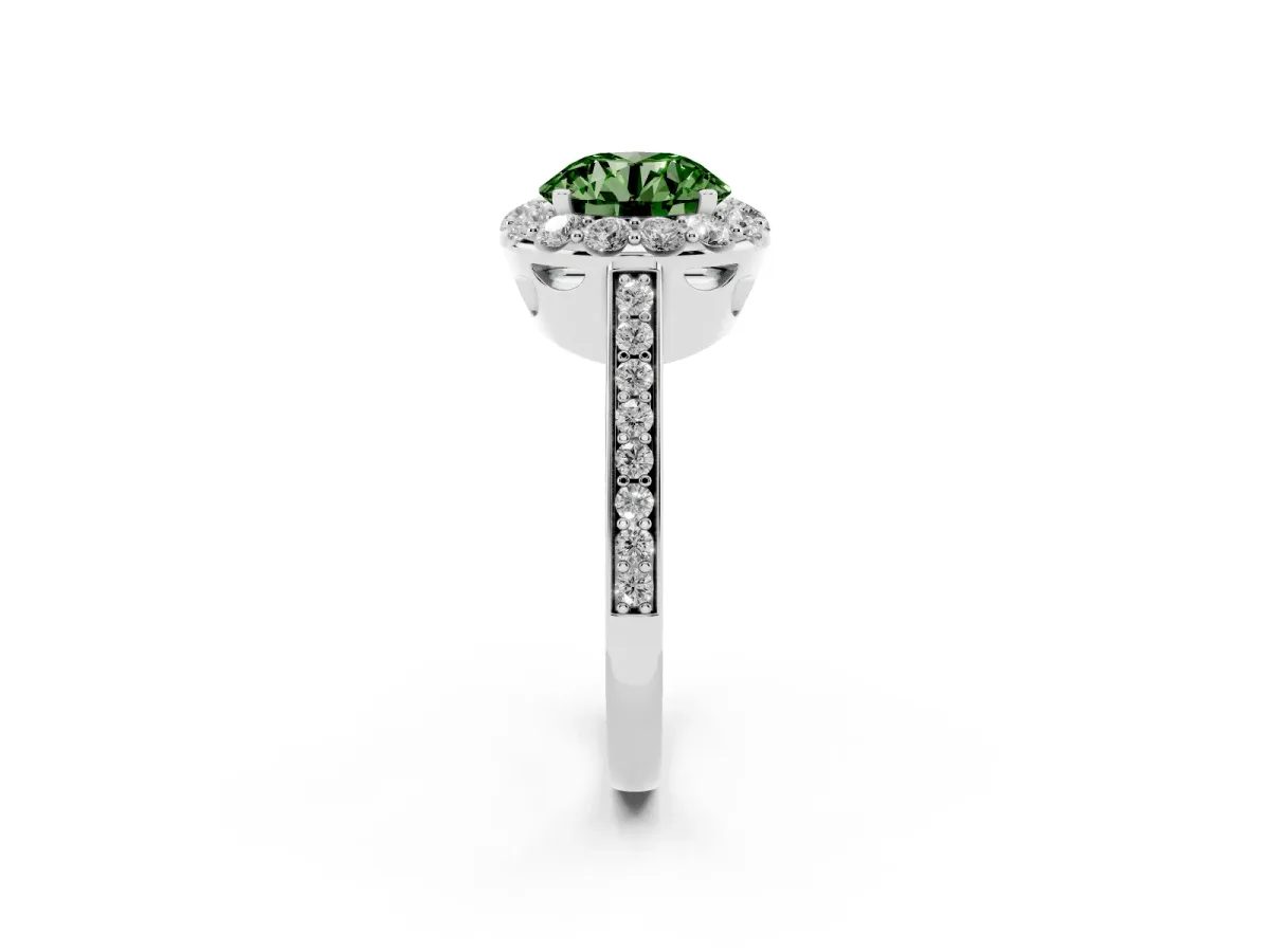 Fancy Green Round Cut Diamond Floral Halo Ring with Pavé Band and Prong Setting Silver