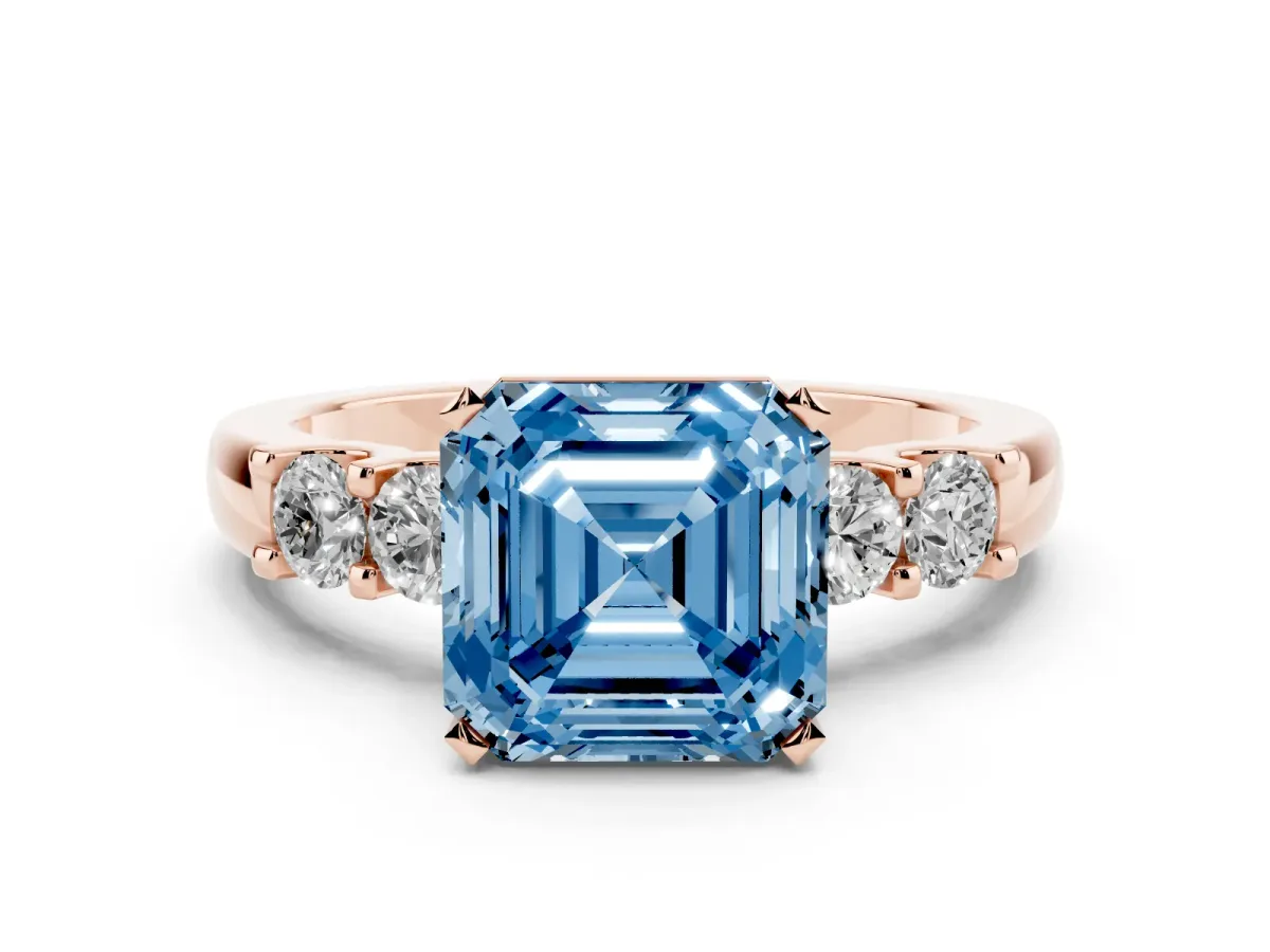 Fancy Blue Asscher Cut Brilliant Cut Diamond Five-Stone Prong Set Engagement Ring with Channel Band Rose gold