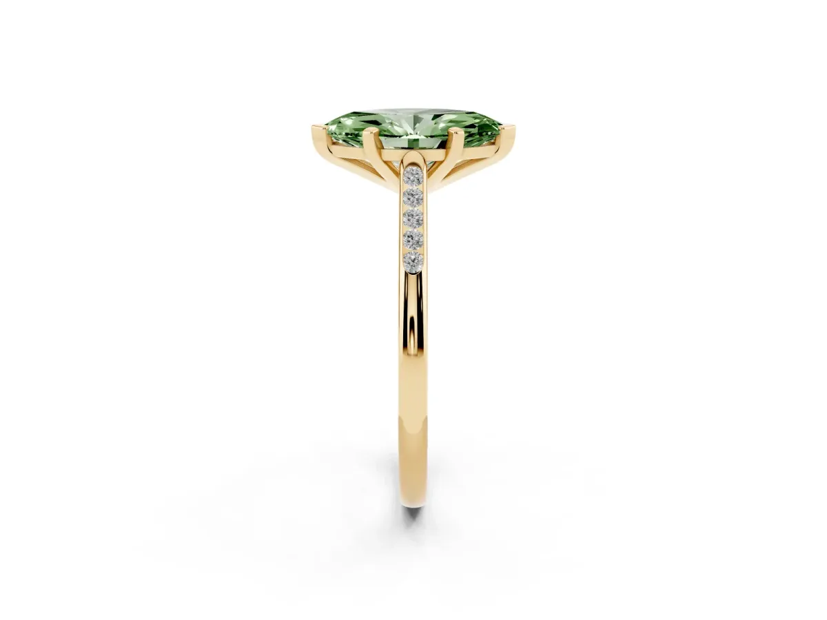 Fancy Green Marquise Cut Diamond Solitaire Ring with Channel Set Round Band and Prong Setting Yellow gold