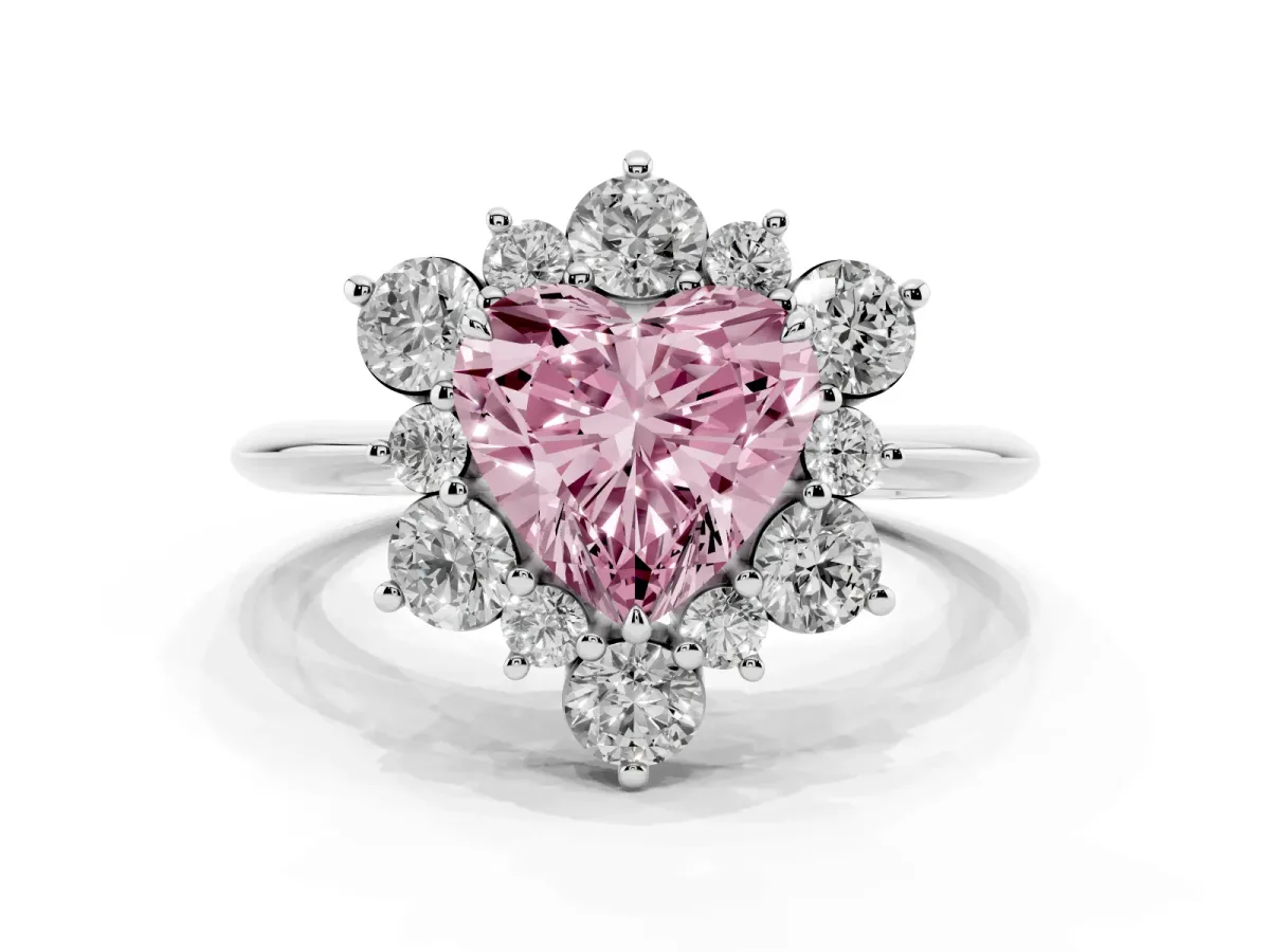 Fancy Pink Heart Cut Diamond Cluster Halo Ring with Solitaire Band and Four-Prong Setting Silver