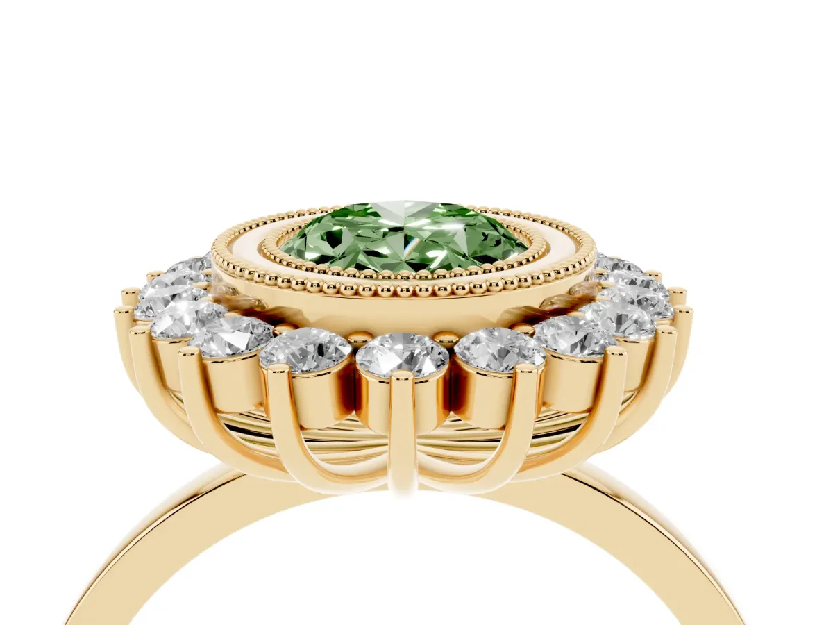Fancy Green Oval Cut Halo Diamond Ring with Milgrain Edge and Round Prong Setting Yellow gold