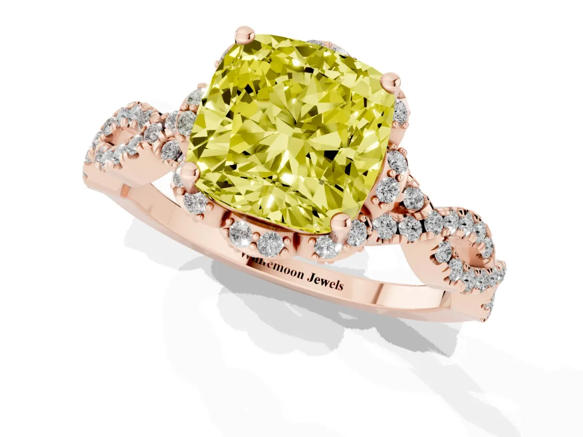 Fancy Yellow Cushion Cut Halo Twist Band Solitaire Ring with Six-Prong Setting Rose gold