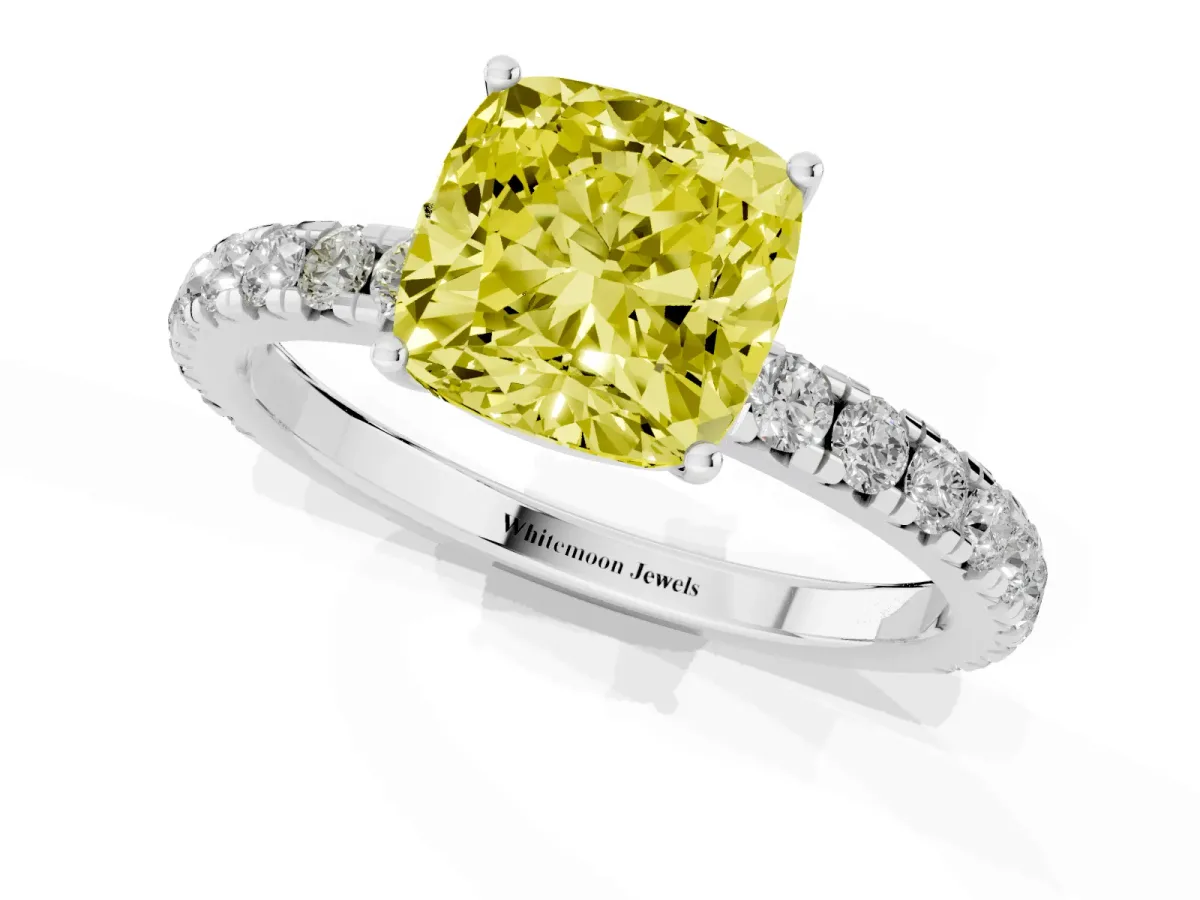 Fancy Yellow Cushion Cut Diamond Pavé Solitaire Engagement Ring with Four-Prong Setting Silver