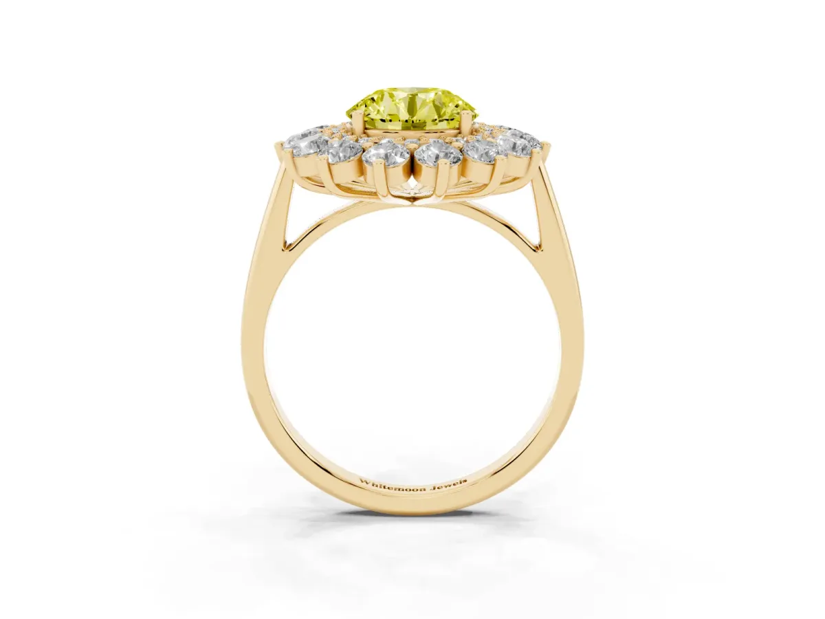 Fancy Yellow Round Cut Diamond Floral Double Halo Engagement Ring with Prong Setting Yellow gold