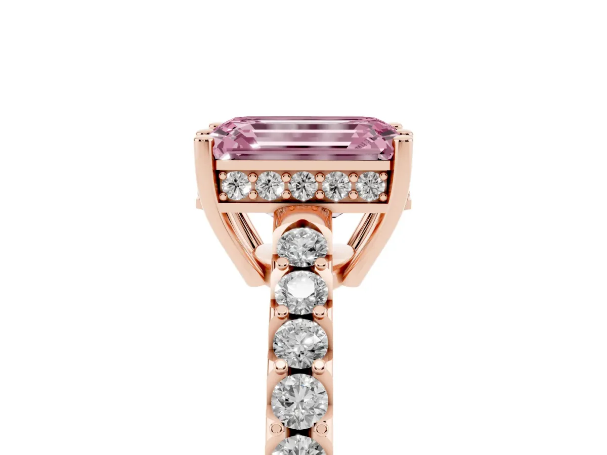 Fancy Pink Emerald Cut Solitaire Diamond Engagement Ring with Pavé Band and Six-Prong Setting Rose gold