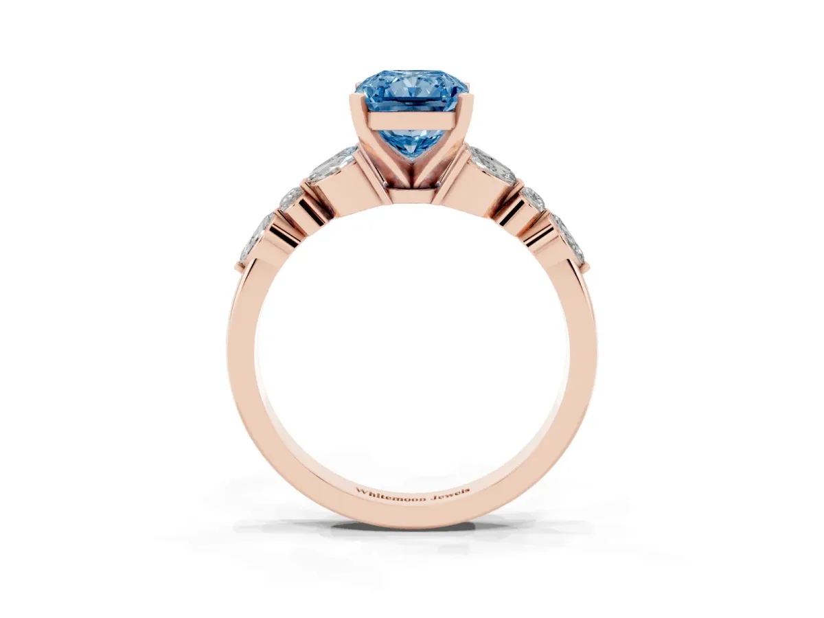 Fancy Blue Radiant Cut Diamond Solitaire Ring with Side Stones and Four-Prong Setting Rose gold