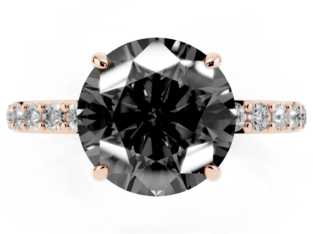 Fancy Black Round Cut Diamond Pavé Engagement Ring with Round Accents and Prong Setting Rose gold