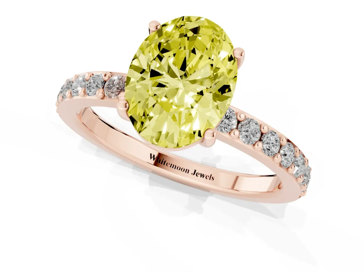 Fancy Yellow Oval Cut Cut Diamond Solitaire with Pave Band and Four-Prong Setting Rose gold