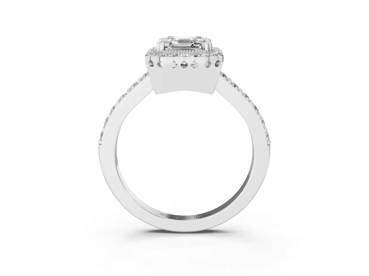 Asscher Cut Cut Diamond Halo Engagement Ring with Milgrain Detail and Pavé Band Silver