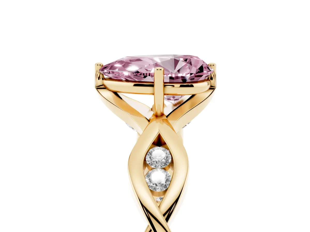 Fancy Pink Pear Cut Solitaire Twist Band with Leaf Prong Setting Yellow gold