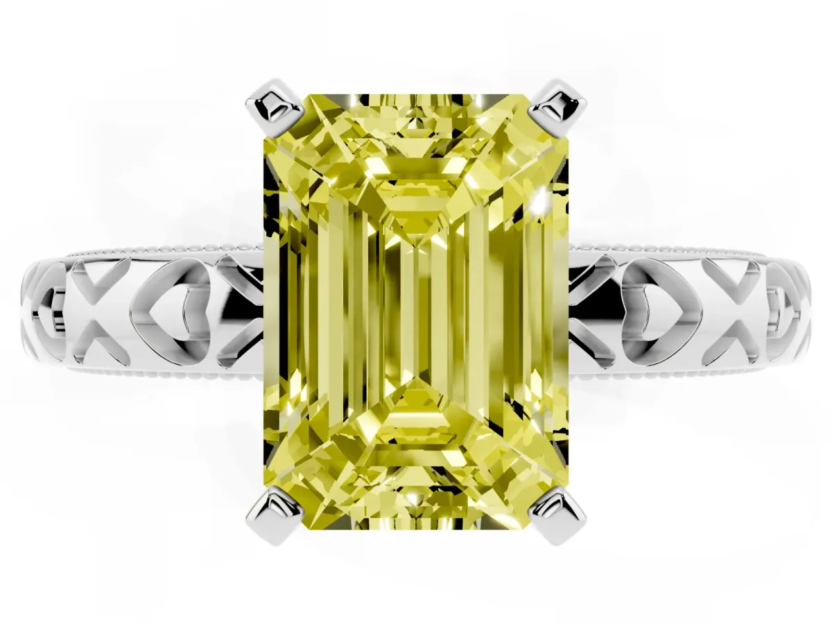 Fancy Yellow Emerald Cut Solitaire Diamond Engagement Ring with XO Engraved Band and Four-Prong Setting Silver