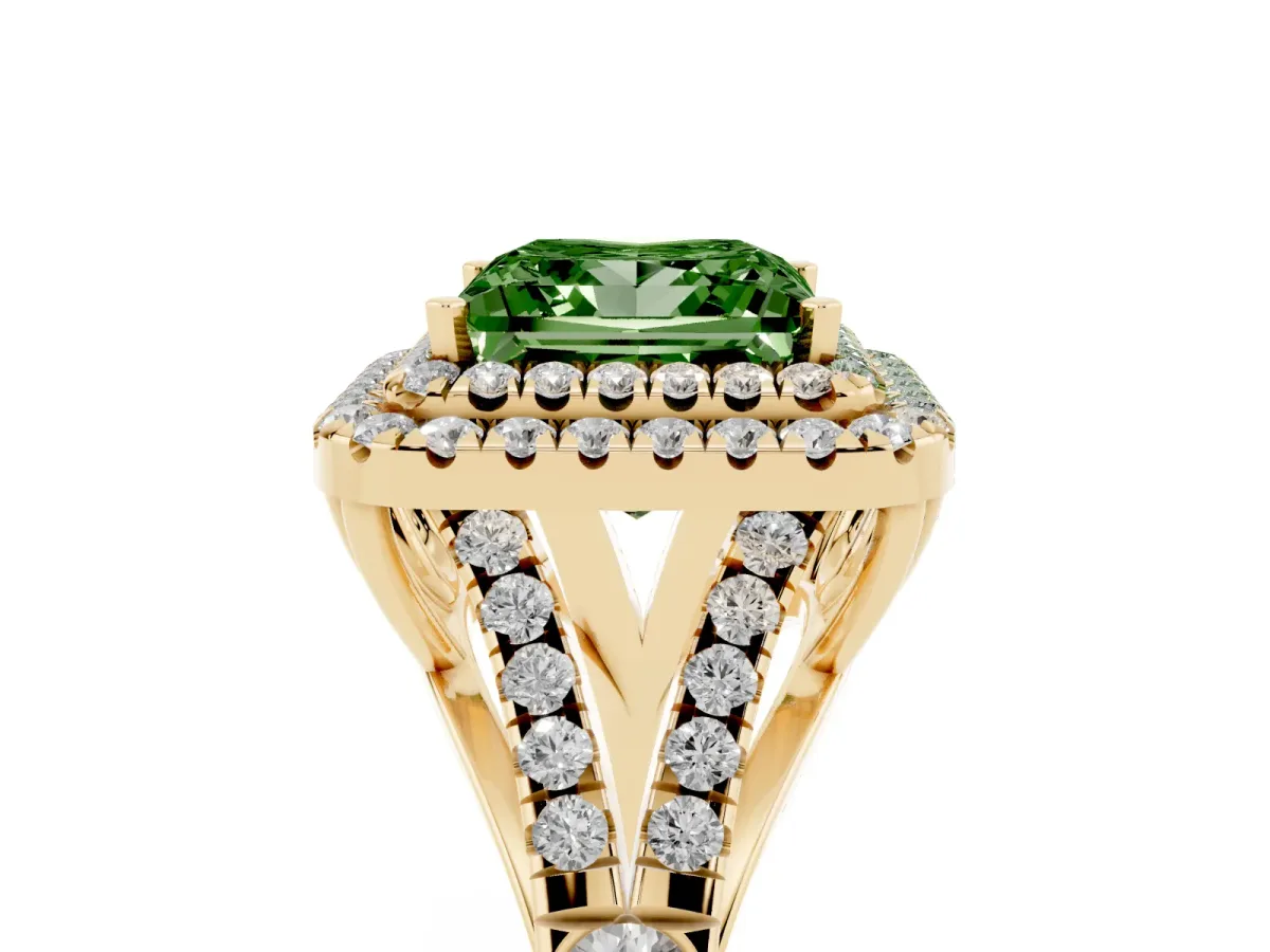 Fancy Green Double Halo Princess Cut Diamond Split Shank Engagement Ring with Four-Prong Setting Yellow gold