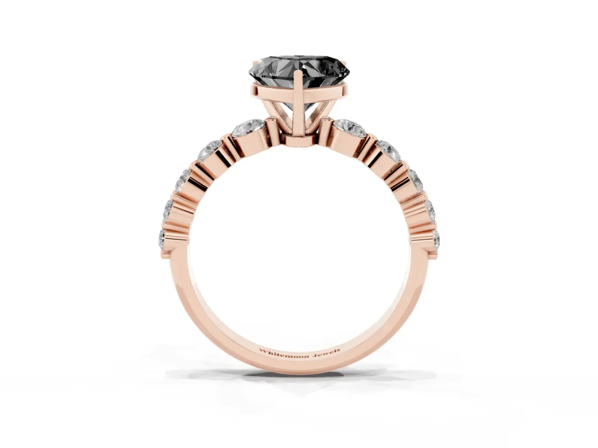 Fancy Black Heart Cut Solitaire Diamond Ring with Pave Band and Four-Prong Setting Rose gold