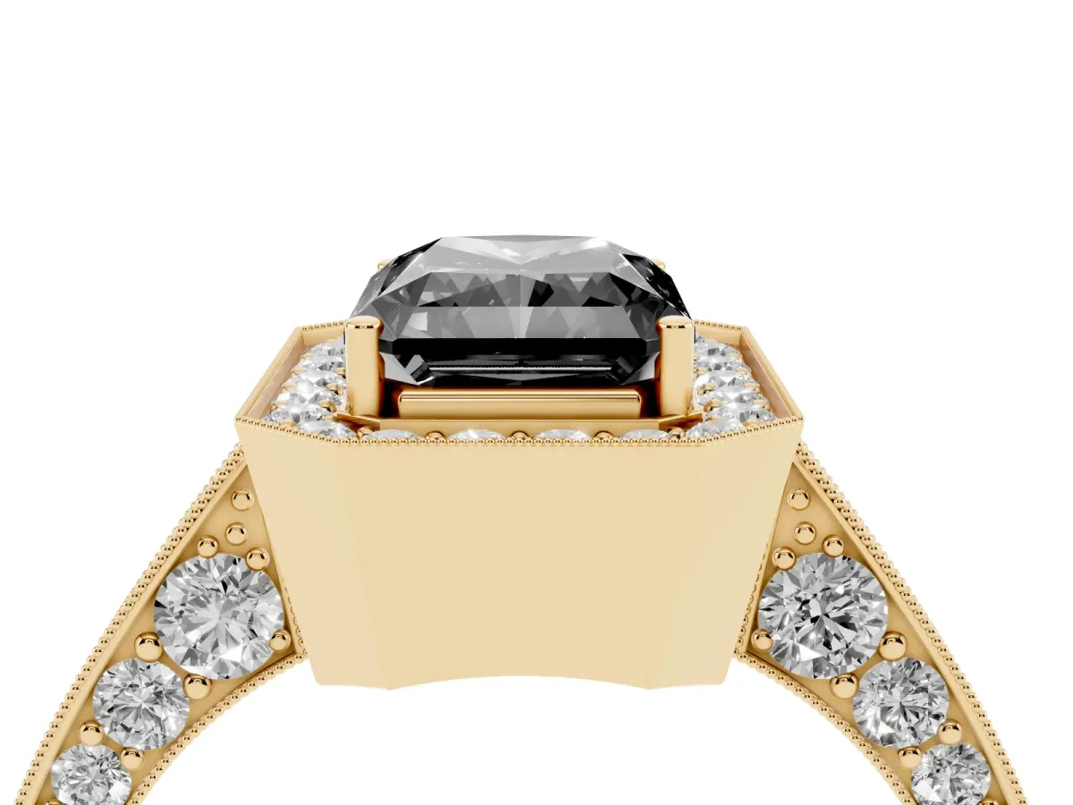 Fancy Black Radiant Cut Halo Diamond Engagement Ring with Split Shank Band and Four-Prong Setting Yellow gold