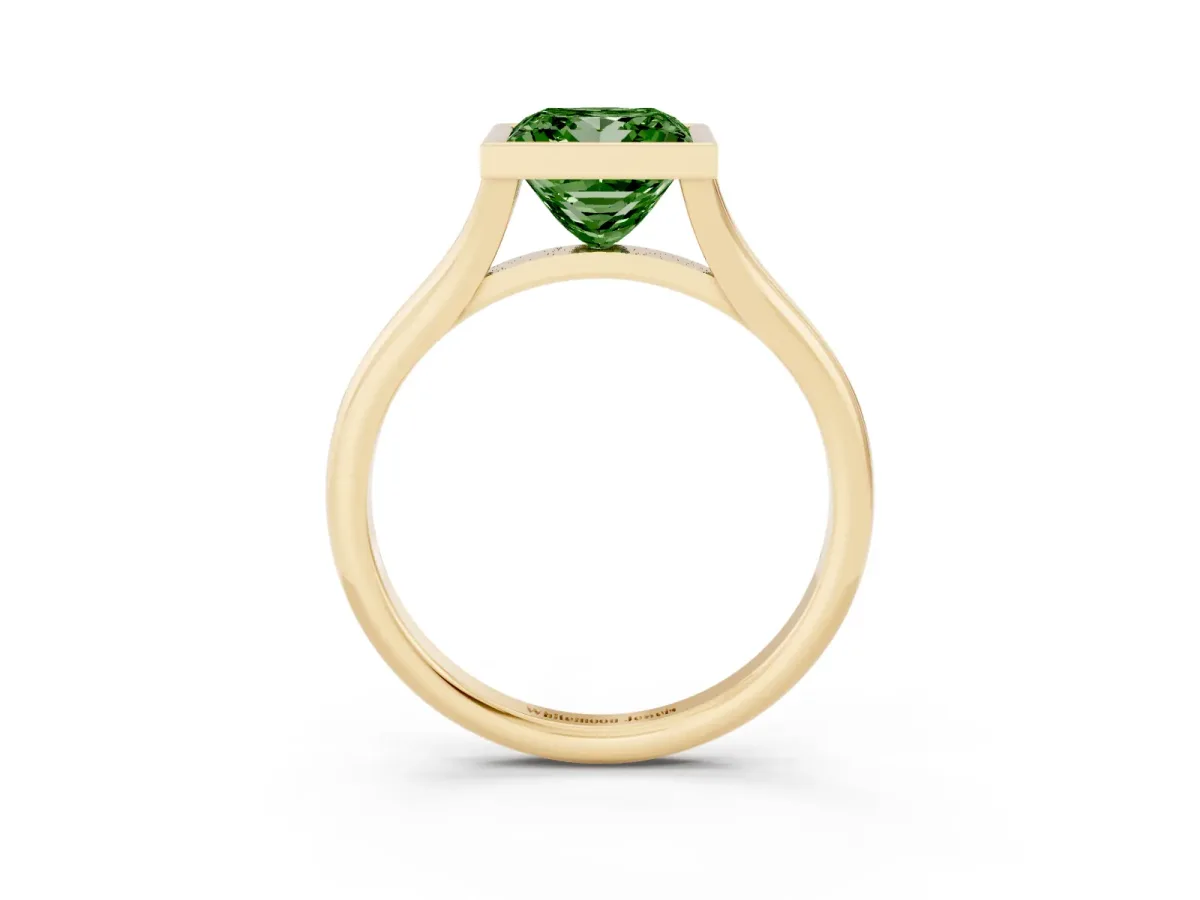 Fancy Green Bezel Set Princess Cut Cut Solitaire Ring with Tapered Band Yellow gold