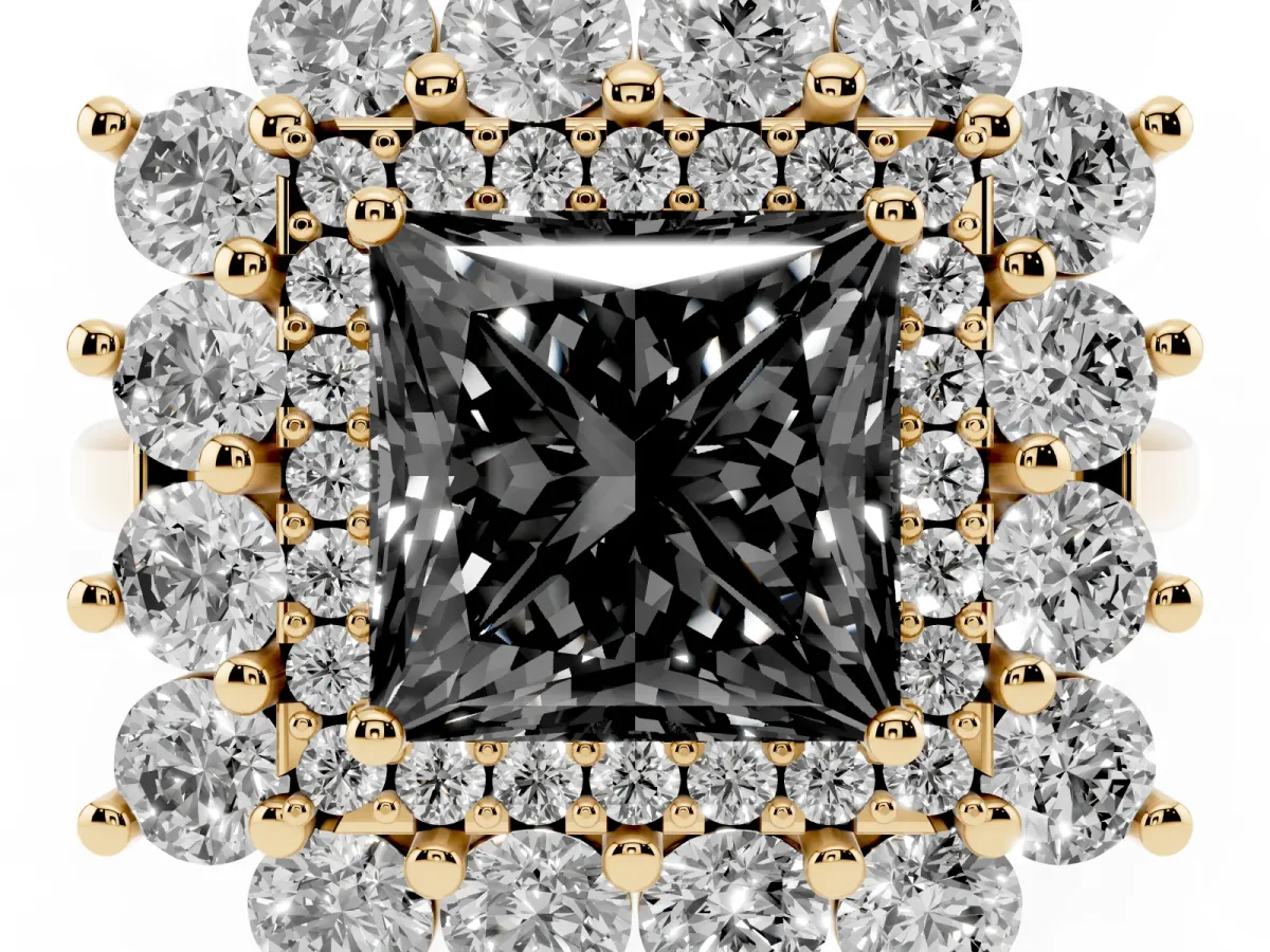 Fancy Black Princess Cut Diamond Floral Double Halo Engagement Ring with Prong Setting Yellow gold