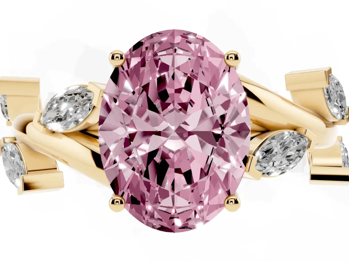 Fancy Pink Oval Cut Solitaire Twisted Band Marquise Accent Prong Setting Ring Yellow gold
