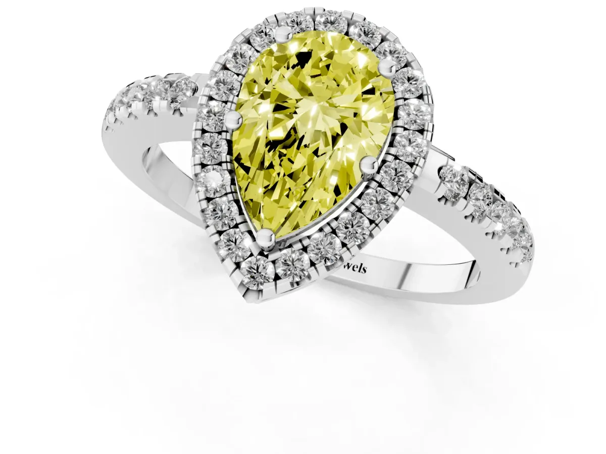 Fancy Yellow Pear Cut Halo Diamond Engagement Ring with Pavé Band and Four-Prong Setting White gold