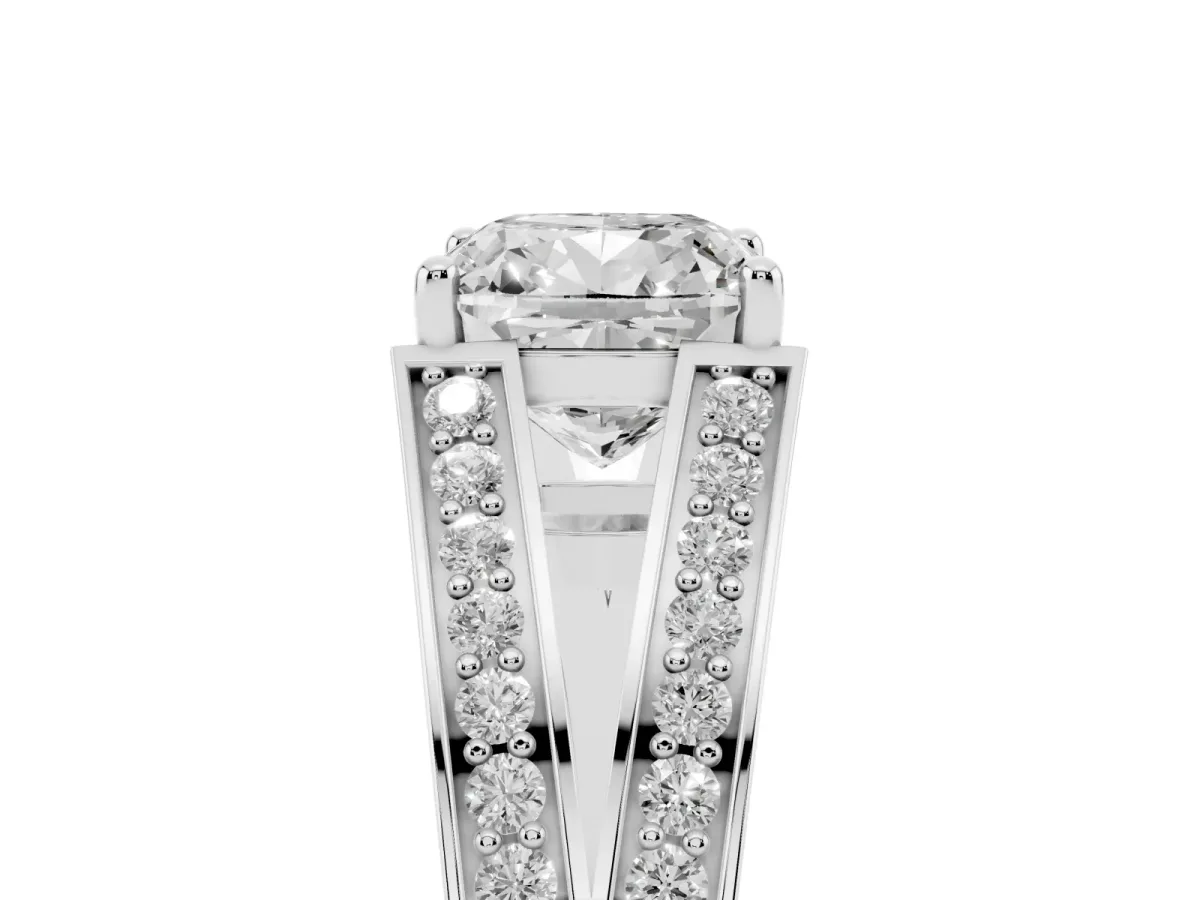 Cushion Cut Diamond Split Shank Ring with Pavé Band and Four-Prong Setting Silver