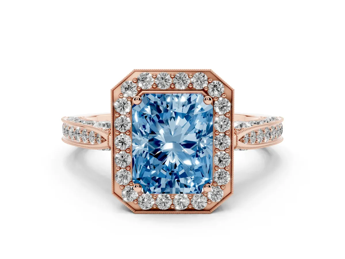 Fancy Blue Radiant Cut Halo Diamond Engagement Ring with Split Shank Band and Four-Prong Setting Rose gold
