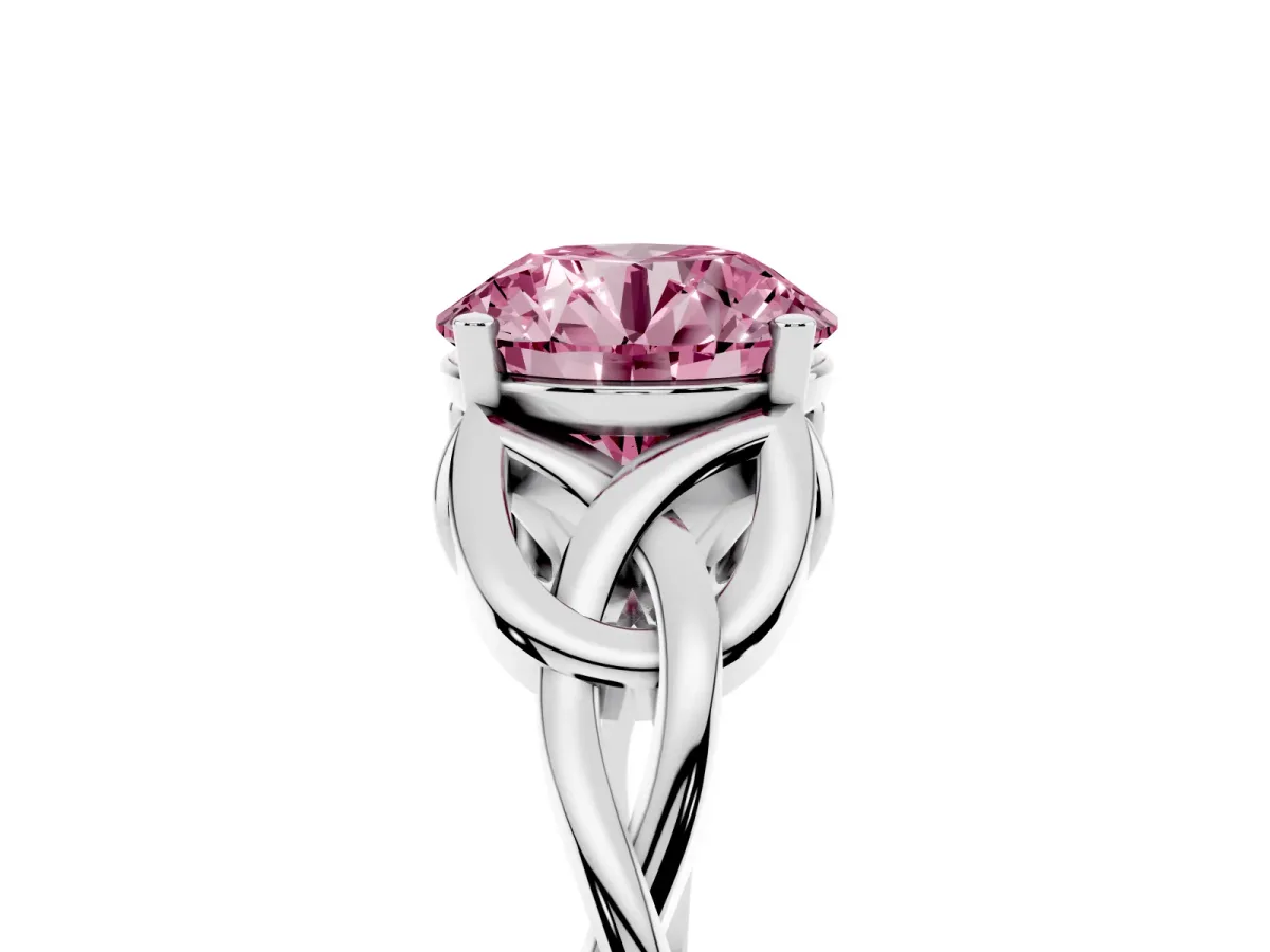 Fancy Pink Round Cut Diamond Solitaire Engagement Ring with Celtic Knot Band and Four-Prong Setting Silver